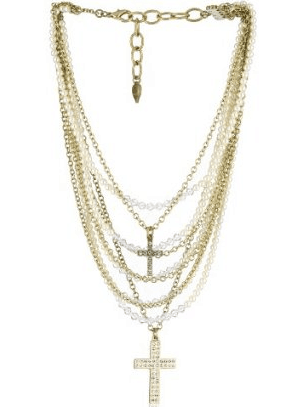 Sisi Amber Crystal Pearls and Chain, Multi Strand with Cross Necklace