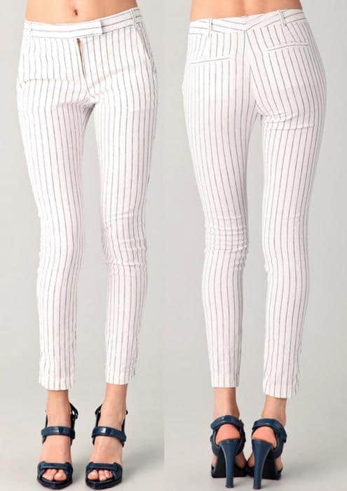 Lightweight cotton-linen pants are designed in a fresh ankle length and patterned with visually slimming stripes