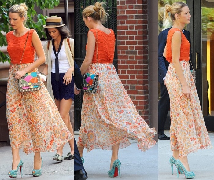 Blake Lively wears an orange blouse-and-shirt ensemble and carries an exotic Angel Jackson snakeskin shoulder bag on an episode of "Gossip Girl"