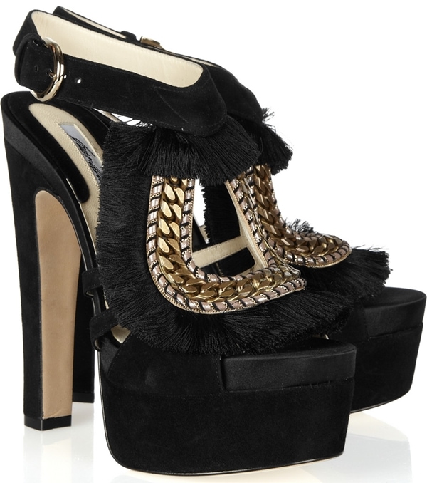 Brian Atwood Blanco Fringe and Chain Trimmed Suede Sandals