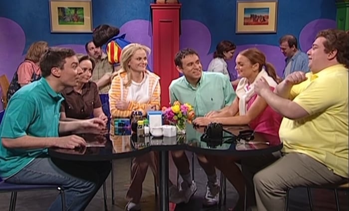 Rachel Dratch, Lindsay Lohan, Jimmy Fallon, Dratch, Amy Poehler, Fred Armisen, and Horatio Sanz in Debbie Downer's debut episode on SNL