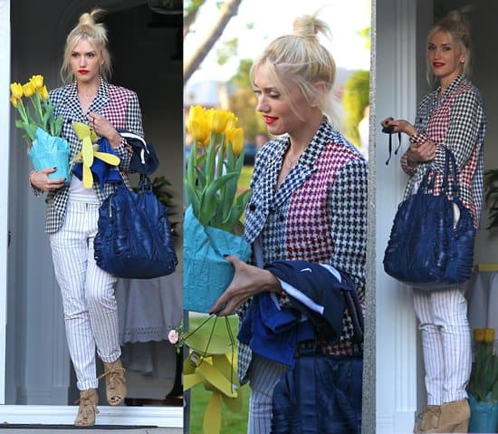 A fashion-forward Easter: Gwen Stefani rocks mismatched stripes and houndstooth, exemplifying her signature style, after a family gathering