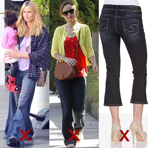 DON'T: flare jeans that need to be rehemmed, too short flare jeans, and flare capris