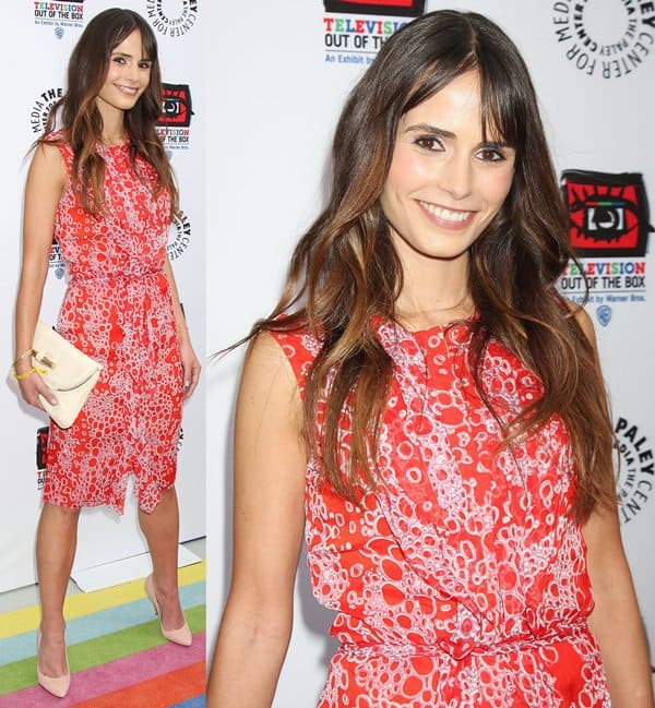 Jordana Brewster stuns in a lavender and persimmon red bubble print dress by Carolina Herrera at the Paley Center's opening of "Television: Out Of The Box" at The Paley Center for Media