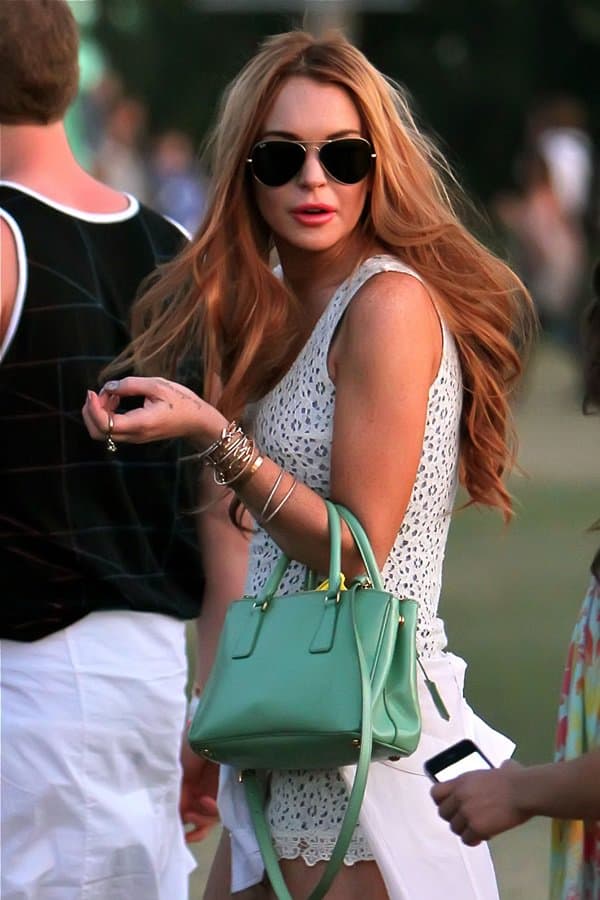 Lindsay Lohan's mint green Prada Saffiano Lux tote