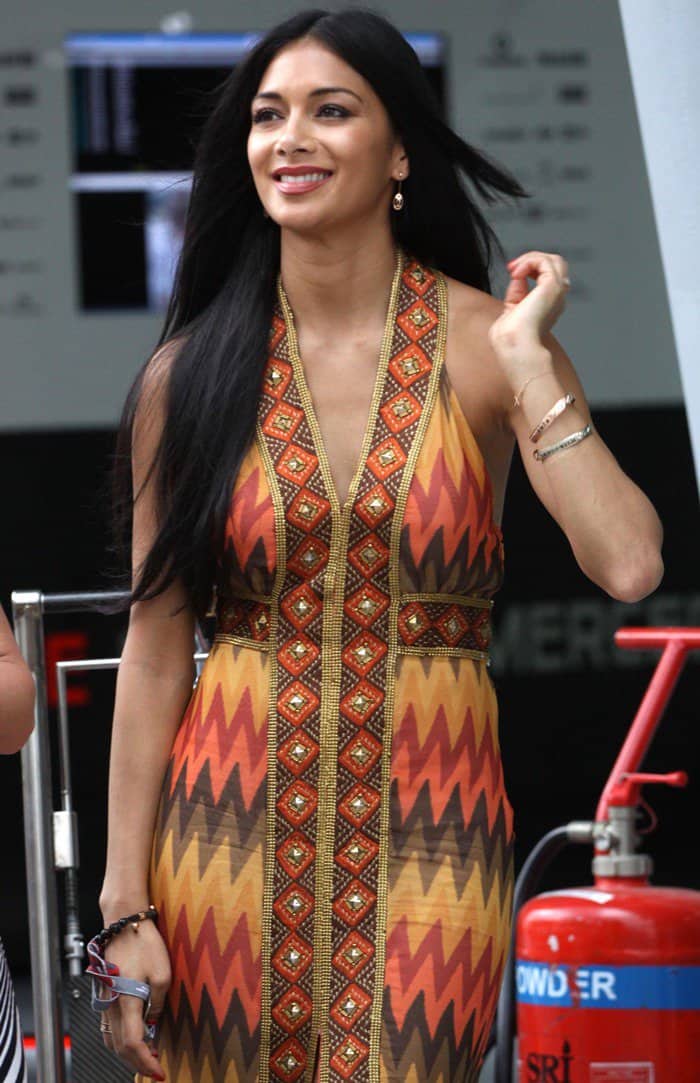 Nicole Scherzinger stuns in a show-stopping zigzag print maxi dress at the Formula One Malaysia Grand Prix