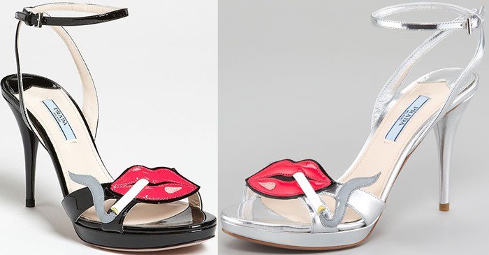 Prada smoking lips ankle strap sandal in silver and black/fuchsia