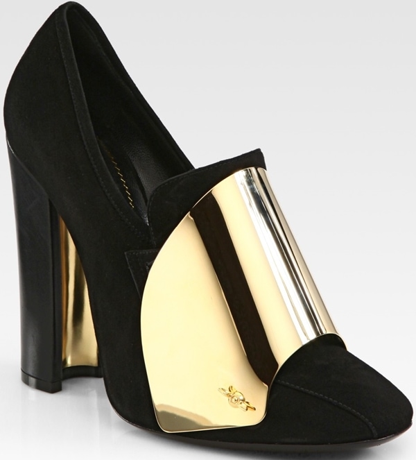 Yves Saint Laurent Black Suede Metal-plated Loafer Pumps