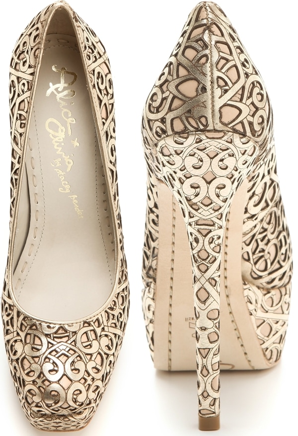Metallic curly-cues swirl over these leather Alice + Olivia platform heels
