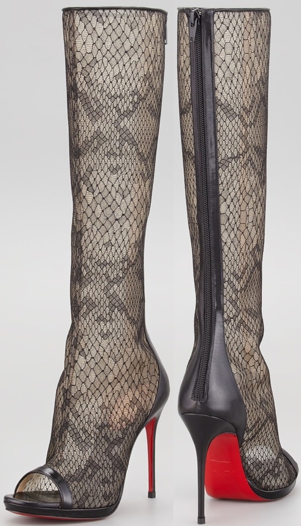 Black floral lace Christian Louboutin Alta Dentelle peep-toe knee-high boots with beige mesh underlay, satin trim, tonal stitching throughout, and zip closure at the shaft