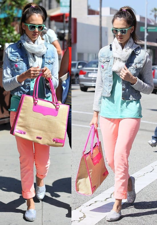 Jessica Alba sported a casual chic look during her lunch, featuring J Brand coral mid-rise skinny jeans, a Jet by John Eshaya denim jacket with sweatshirt sleeves, Toms glitter slip-on shoes, and a Rebecca Minkoff leather-trimmed straw diamond tote