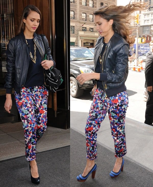 Jessica Alba showcases her chic street style in Manhattan, pairing Tory Burch’s vibrant ‘Tribley’ sateen ankle pants with two standout heels: black Brian Atwood Maniac patent pumps and bold blue Tory Burch ‘Joelle’ platforms — May 10, 2012