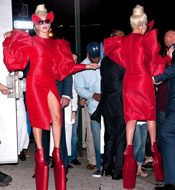 Lady Gaga appears on the set of photoshoot wearing an outlandish costume in NYC's Meatpacking District