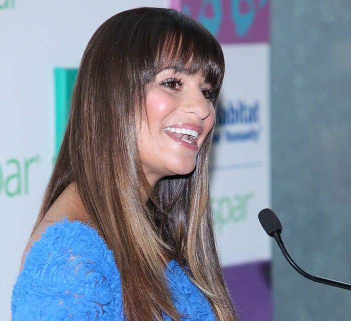 Lea Michele wears a bright blue Oscar de la Renta dress to a New York City event