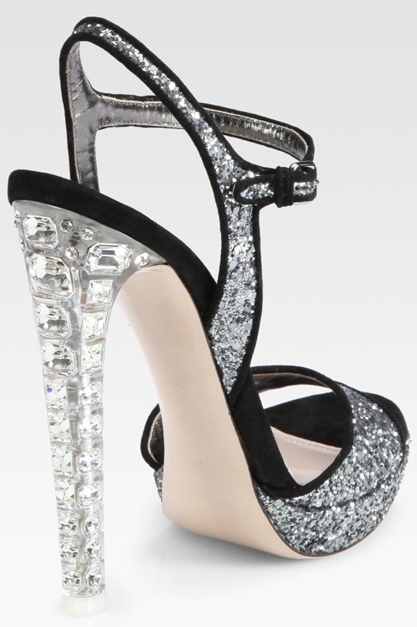 Miu Miu Glitter and Suede Jeweled Heel Sandals