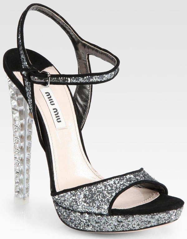 Miu Miu Glitter and Suede Jeweled Heel Sandals