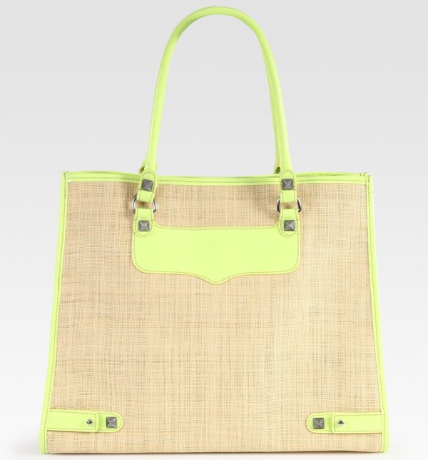 Rebecca Minkoff Leather-Trimmed Straw Diamond Tote in Yellow/Natural