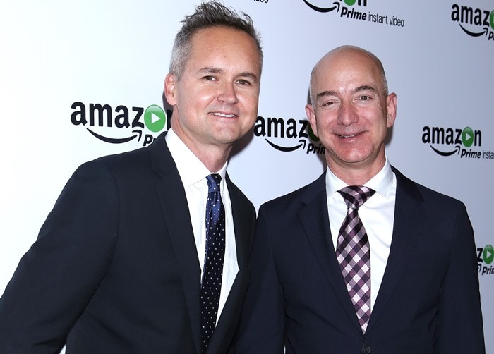 Geek becomes chic: Amazon chief executive Jeff Bezos posing with Amazon Studios chief Roy Price at the premiere screening of Amazon's Original Series "Mozart in the Jungle"