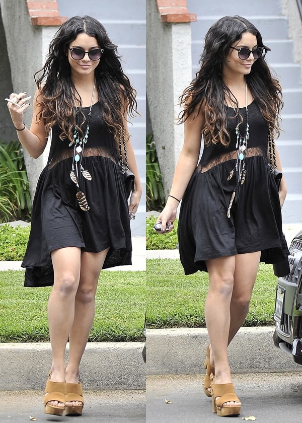 In May 2012, Vanessa Hudgens was spotted wearing a Style Stalker Eno dress, Koolaburra Khloe sandals, Michael Kors M2806S Bradshaw sunglasses, a Spell Pocahontas Princess necklace, a Chanel 2.55 flap bag, and an Elizabeth and James knuckle ring