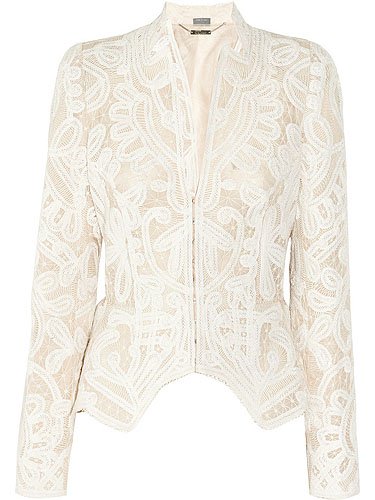 A closer look at the Alexander McQueen crochet-embroidered silk-organza jacket, priced at $16,550.00, showcasing its exquisite craftsmanship and intricate detailing