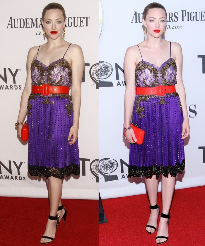 Amanda Seyfried slicks her hair back and shows off her busy multi-colored Givenchy dress on the red carpet