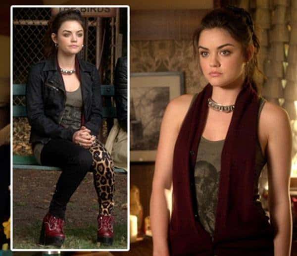 Lucy Hale's outfit in "Pretty Little Liars" episode 2.21 "Breaking the Code" features Tripp NYC leopard print split leg jeans, Jeffrey Campbell Tardy boots, and a Religion Winged Skull vetiver green vest top