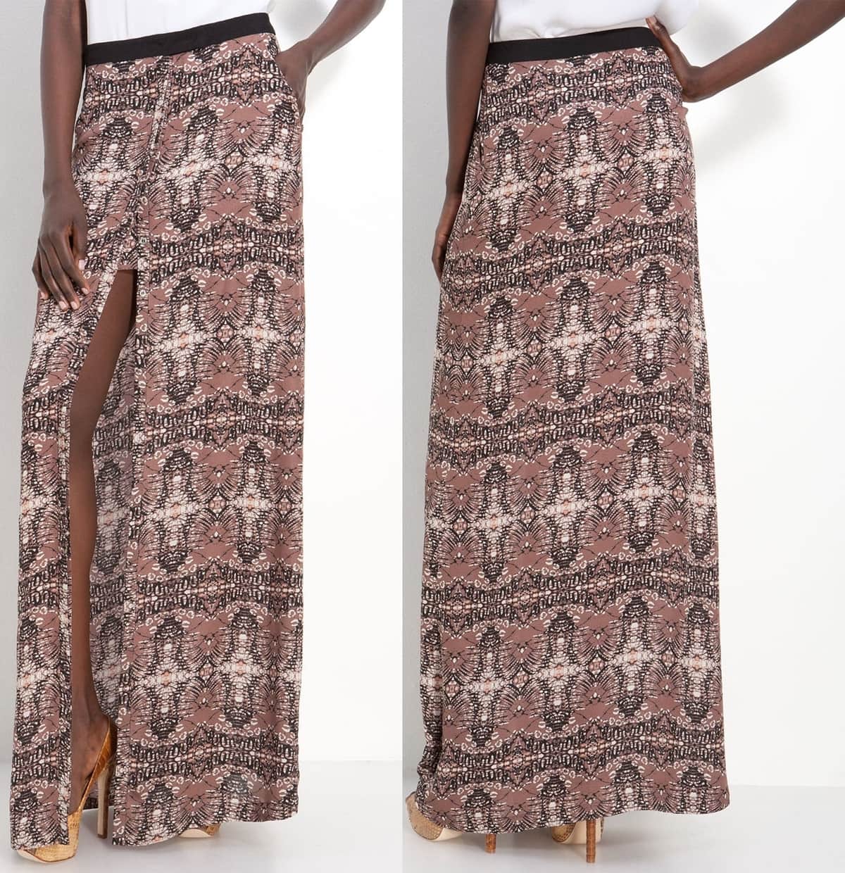 A band of grosgrain ribbon tops a Batik-patterned skirt designed with a button closure that adjusts the high, flirty front slit