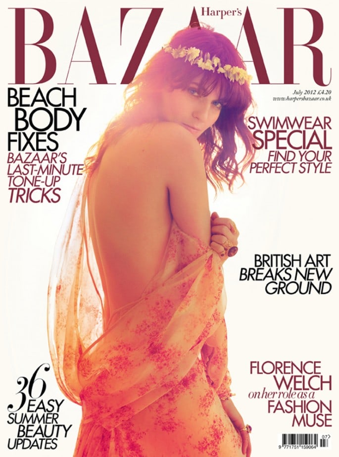 Indie elegance: Florence Welch in a sheer floral dress crowned with fresh flowers on Harper's Bazaar July 2012 issue