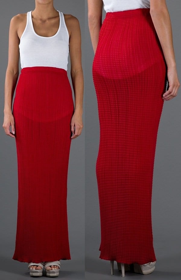 Issey Miyake Vintage Pleated Maxi Skirt in Red