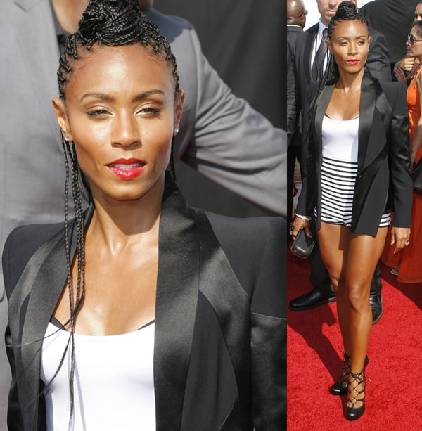 Jada Pinkett Smith in a very short, tight nautical playsuit paired with a tuxedo jacket