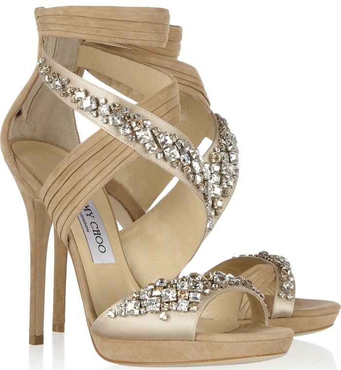 Jimmy Choo beige Kani Swarovski Crystal-embellished satin and suede sandals