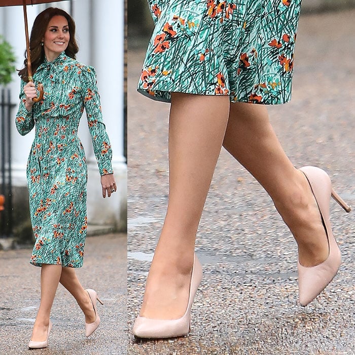 Kate Middleton wearing her favorite nude L.K. Bennett "Fern" pumps during a visit to The Sunken Garden at Kensington Palace in London, England, on August 30, 2017.
