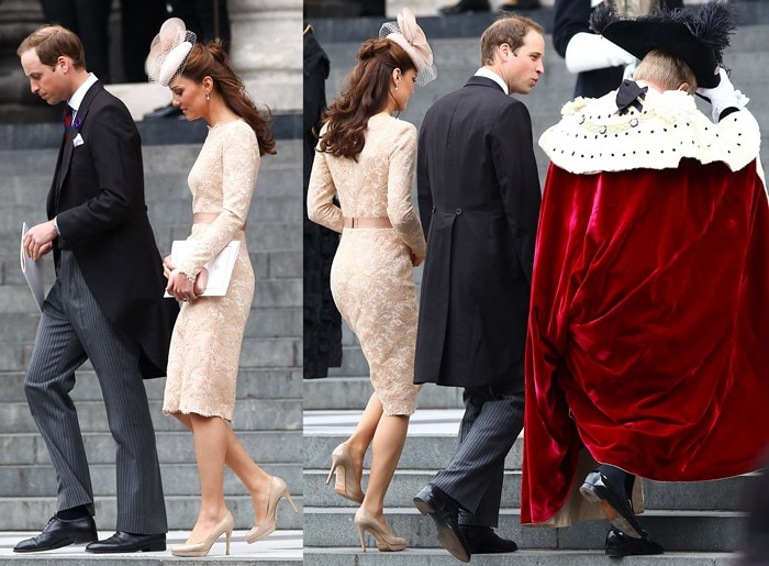 Kate Middleton was spotted attending the Queen’s Diamond Jubilee in a lovely lace Alexander McQueen dress and classic nude L.K. Bennett pumps