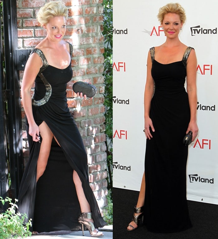 Katherine Heigl shows off a lot of leg in a black gown from Monique Lhuillier