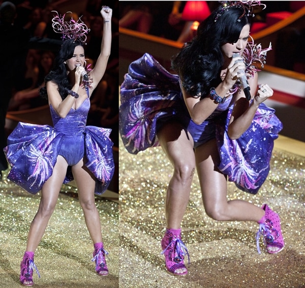 Katy Perry wearing a bodysuit covered with an exploding firework print