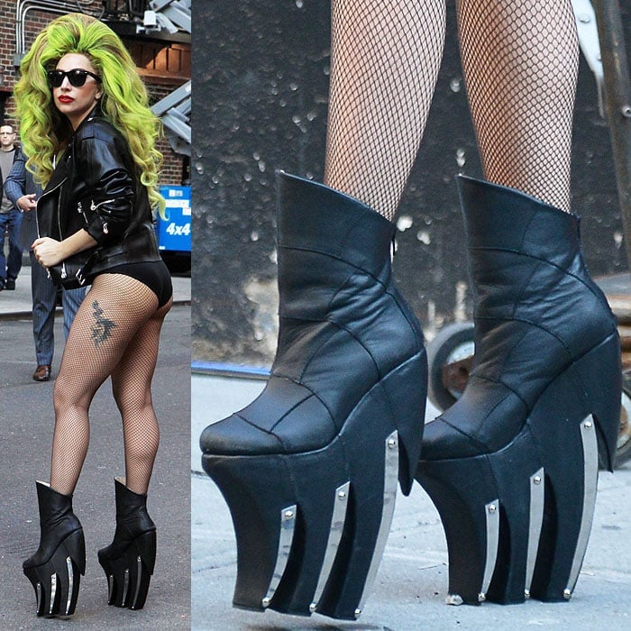 Lady Gaga wearing Long Tran "Longnecker" boots for her appearance on "Late Show with David Letterman" in New York City on April 2, 2014.