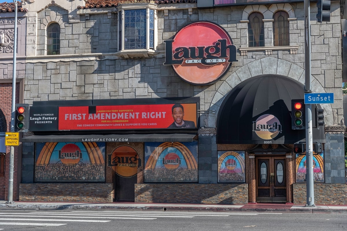 The exterior of the Laugh Factory comedy club in Los Angeles on March 29, 2022, with its sign showing support for comedian Chris Rock
