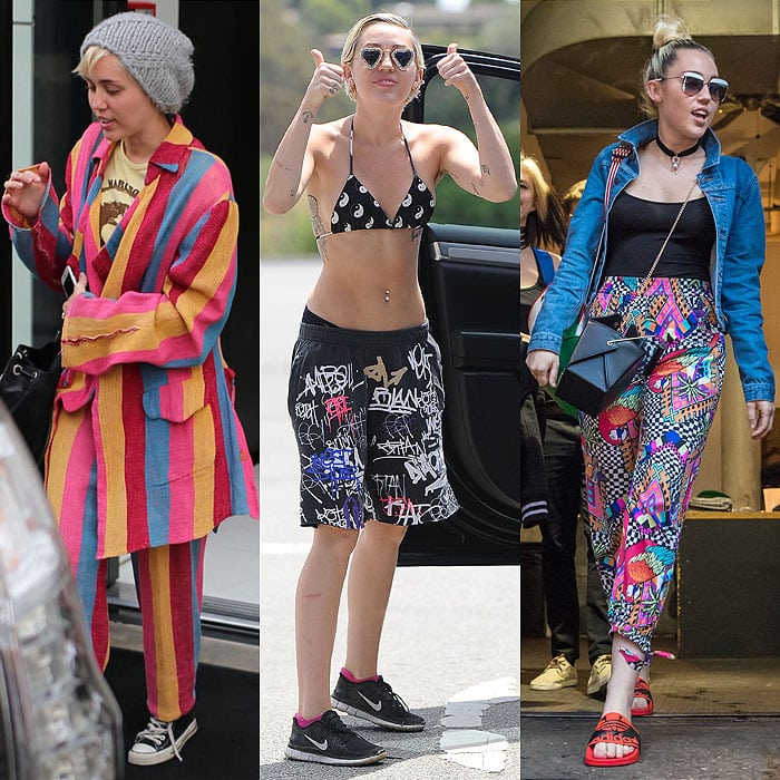 Miley Cyrus wearing dirty sneakers and flip-flops.