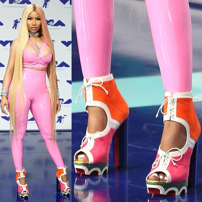 Nicki Minaj in orange-and-pink Christian Louboutin "Lolacrampon" booties at the 2017 MTV Video Music Awards held at The Forum in Inglewood, California, on August 27, 2017.