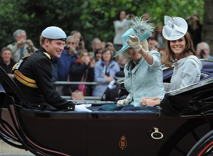 Prince Harry, Camilla, Duchess of Cornwall and Catherine the Duchess of Cambridge, aka Kate Middleton attend 2012 Trooping the Colour ceremony at the Horse Guards Parade to celebrate the Queen's birthday