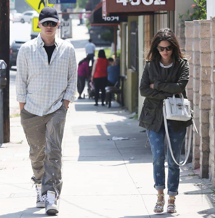 Rachel Bilson was spotted out for lunch with Hayden Christensen on June 1, 2012, wearing Ray-Ban Wayfarers in tortoise, a Gap military jacket in green, Current/Elliott the Stiletto jeans in white star, Loeffler Randall X Suno Audra flat sandals, and carrying a 3.1 Phillip Lim Pashli Mini satchel bag