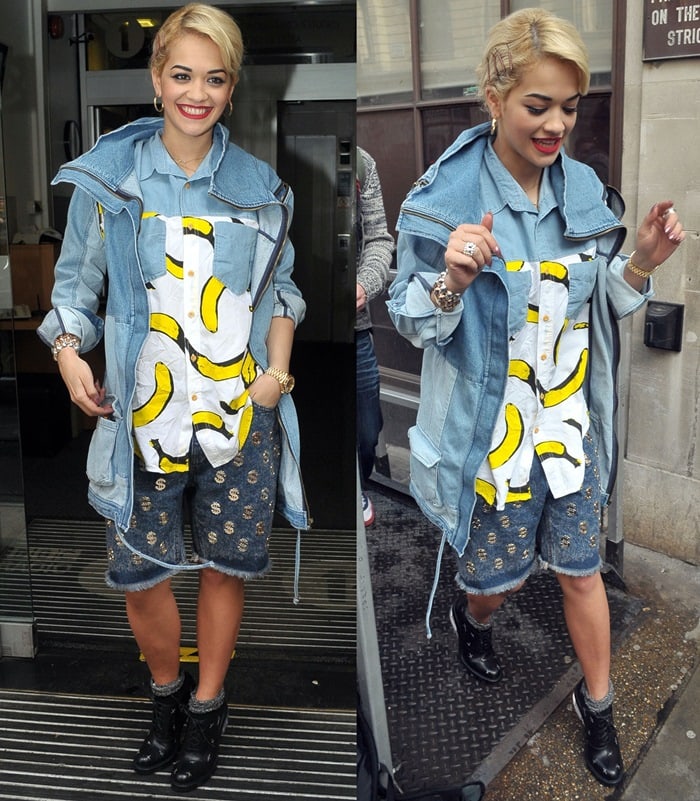 Rita Ora's a One Teaspoon denim parka and Horace banana print button-down shirt
