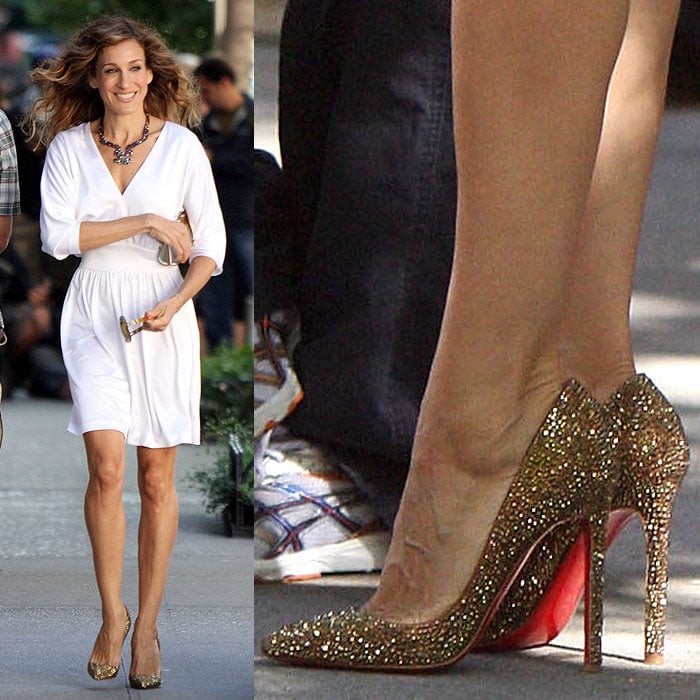 Sarah Jessica Parker as Carrie Bradshaw wearing Christian Louboutin "Pigalle" gold strass pumps while filming "Sex and The City 2"