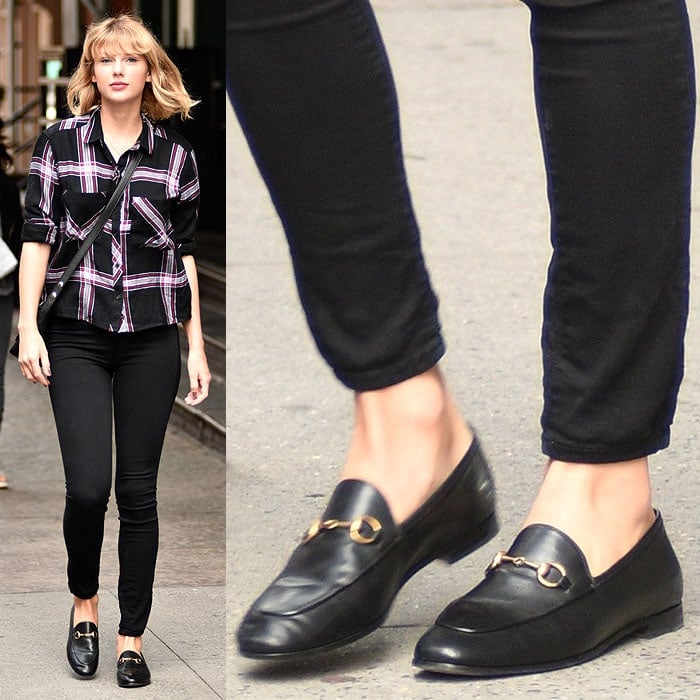 Taylor Swift in sensible Gucci "Brixton" loafers while leaving her Tribeca apartment in New York City on September 28, 2016.