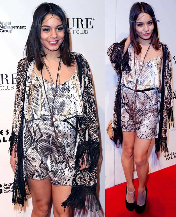 Vanessa Hudgens arrived at the 'Sucker Punch' event in Las Vegas on March 26, 2011, stylishly clad in a Blu Moon snake print dress and Goddess jacket, accessorized with Yves Saint Laurent black suede pumps, Haute Betts headpiece, Chanel St. Tropez flap bag, and a Love Heals mountain necklace