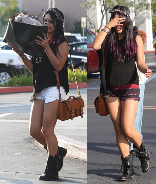 On June 16, 2012, Vanessa Hudgens was spotted shopping with her sister Stella in an outfit featuring Blu Moon high waisted shorts, complemented by items she also wore on June 15 in Studio City: a Cartier love bracelet with diamonds, Ax+Apple breastplate necklace, Allsaints Damisi boots, Michael Kors school ostrich-effect leather satchel, and a Chan Luu clear quartz leather wrap bracelet