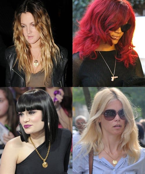 Drew Barrymore, Rihanna, Jessie J., and Claudia Schiffer wearing various types of pendant necklaces