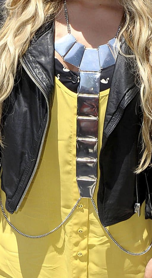 A closeup of Demi Lovato's Square Section body chain jewelry