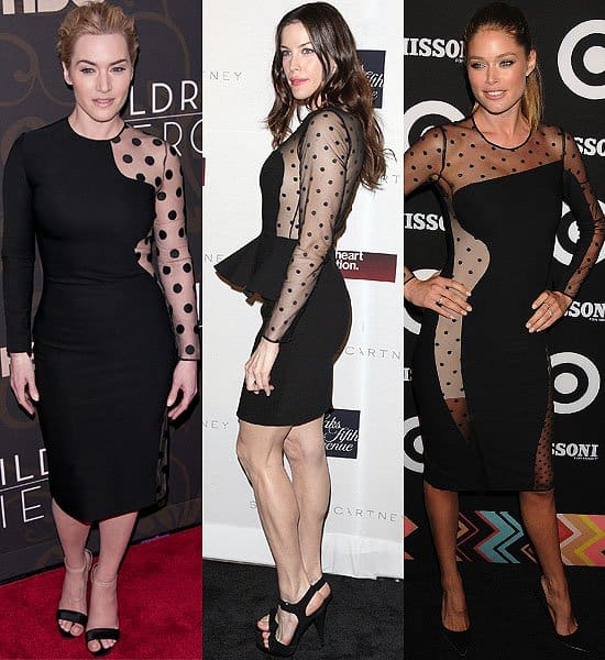 A showcase of timeless elegance: Kate Winslet at the 'Mildred Pierce' New York Premiere on March 21, 2011, Liv Tyler at the Stella McCartney shop launch in NYC on May 4, 2011, and Doutzen Kroes at the Target For Missoni Pop-Up Store in NYC on September 7, 2011, all radiating charm in the Stella McCartney polka dot mesh panel dress