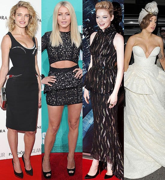 Natalia Vodianova at the 2012 Glamour Women of the Year Awards in London, UK on May 29, 2012; Julianne Hough at the 2012 MTV Movie Awards in Universal City, CA on June 3, 2012; Emma Stone at the Italian premiere of 'The Amazing Spider-Man' in Rome, Italy on June 22, 2012; Lady Gaga at The Arts Club in London, England on September 10, 2012